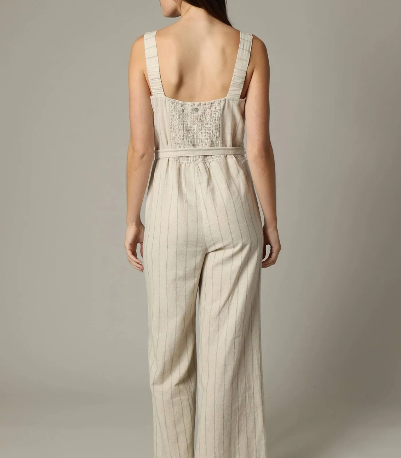 Deeluxe AYLA - Gestreepte linnen damesjumpsuit met knoopsluiting aan de voorkant lightGreen Outlet