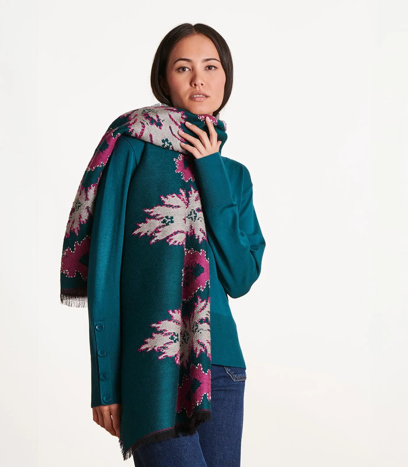 La Fée Maraboutée Blauwe jacquard geborduurde sjaal blue Outlet