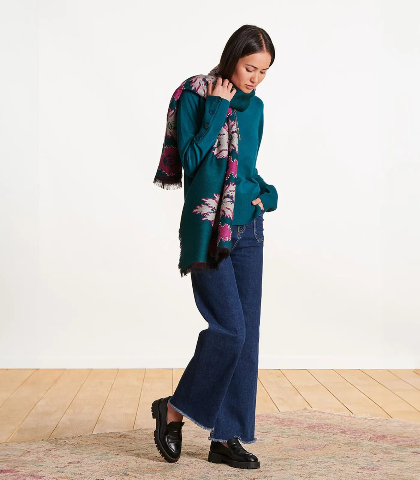 La Fée Maraboutée Blauwe jacquard geborduurde sjaal blue Outlet