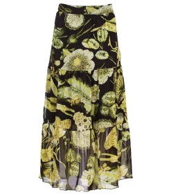 Conquista Bloemenprint Transparante Gelaagde Rok – Semi-maxi Lengte, Elastische Taille oliveGreen Clearance
