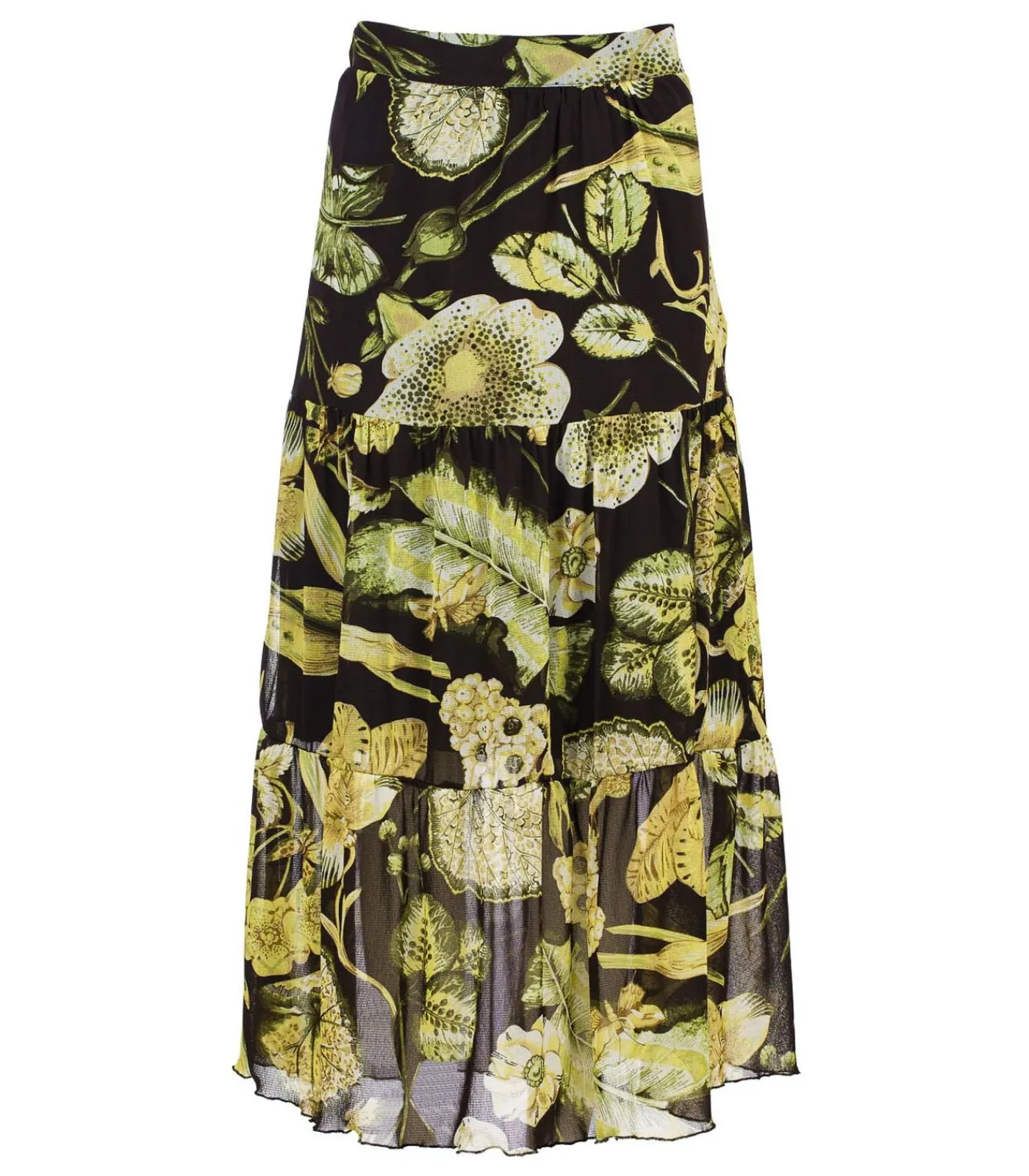 Conquista Bloemenprint Transparante Gelaagde Rok – Semi-maxi Lengte, Elastische Taille oliveGreen Clearance