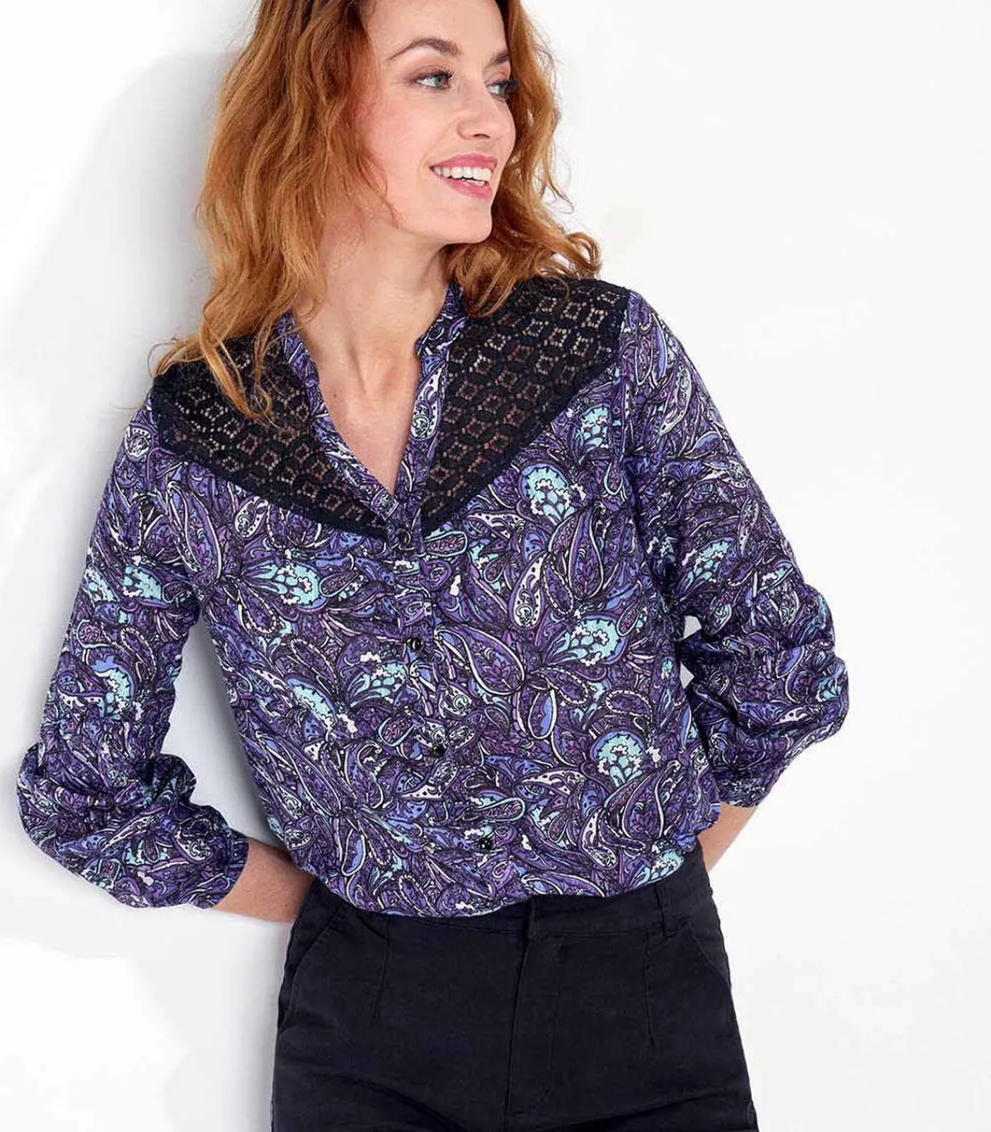 La Fiancée Blouse bedrukt biologisch katoen kant SHIMLA darkPurple Discount