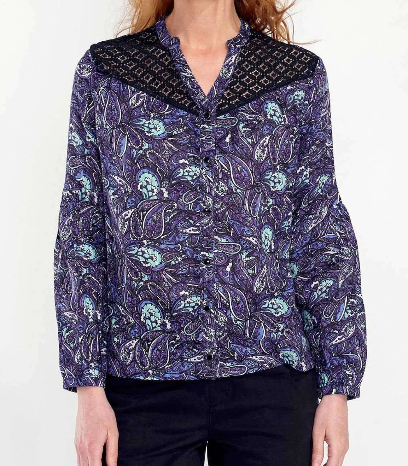 La Fiancée Blouse bedrukt biologisch katoen kant SHIMLA darkPurple Discount