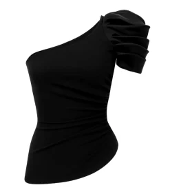 Goddiva Blouse Met Korte Mouwen “One Shoulder Puffed Satin Sleeve Asymmetric Scuba Top” black New