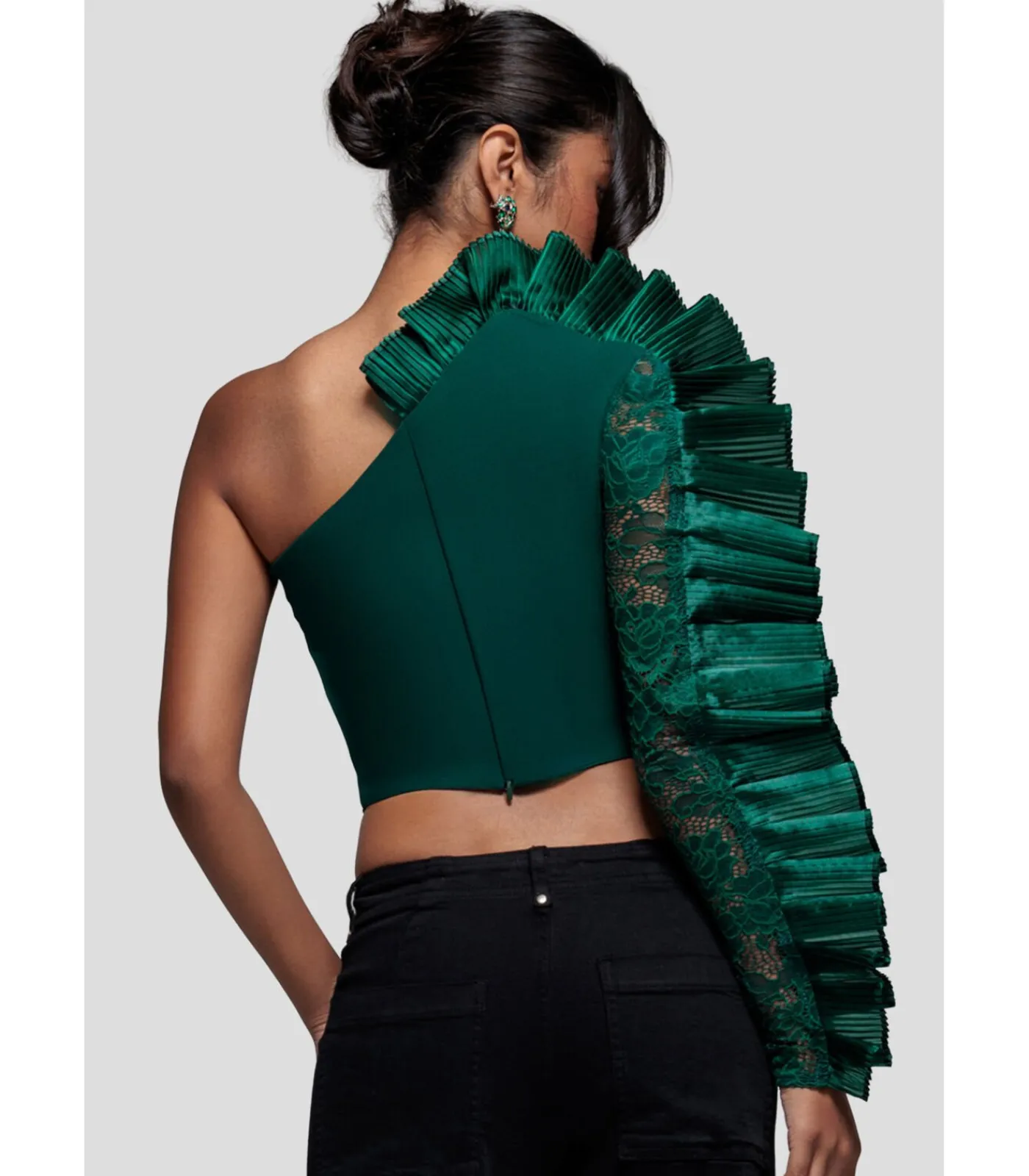 Goddiva Blouse Met Lange Mouwen “One Shoulder Fan Pleat Frill Corset Top” oliveGreen Outlet