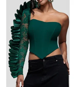 Goddiva Blouse Met Lange Mouwen “One Shoulder Fan Pleat Frill Corset Top” oliveGreen Outlet
