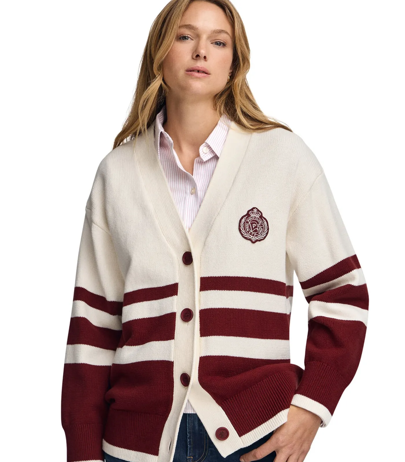 Polo Club Bordeauxrode cardigan met V-hals, knopen en nautische -patch darkRed