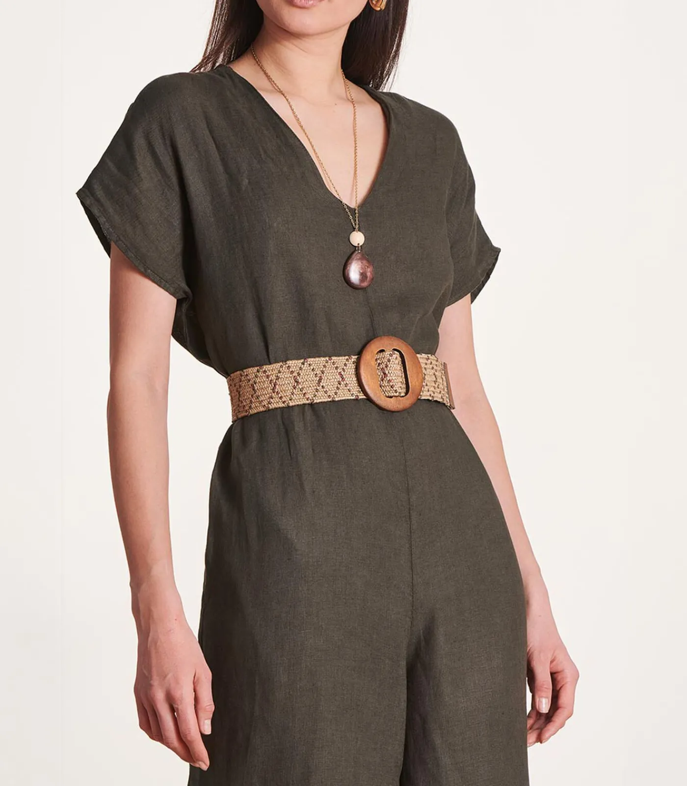 La Fée Maraboutée Bruine elastische riem met grote houten gesp brown New