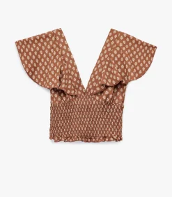 Koton Bruine Korte Top Met V-Hals En Batwing Mouwen brown Clearance