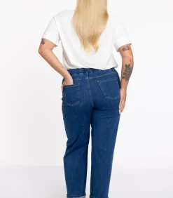 YOEK Dames Jeans met een elastieken tailleband Indigo Best