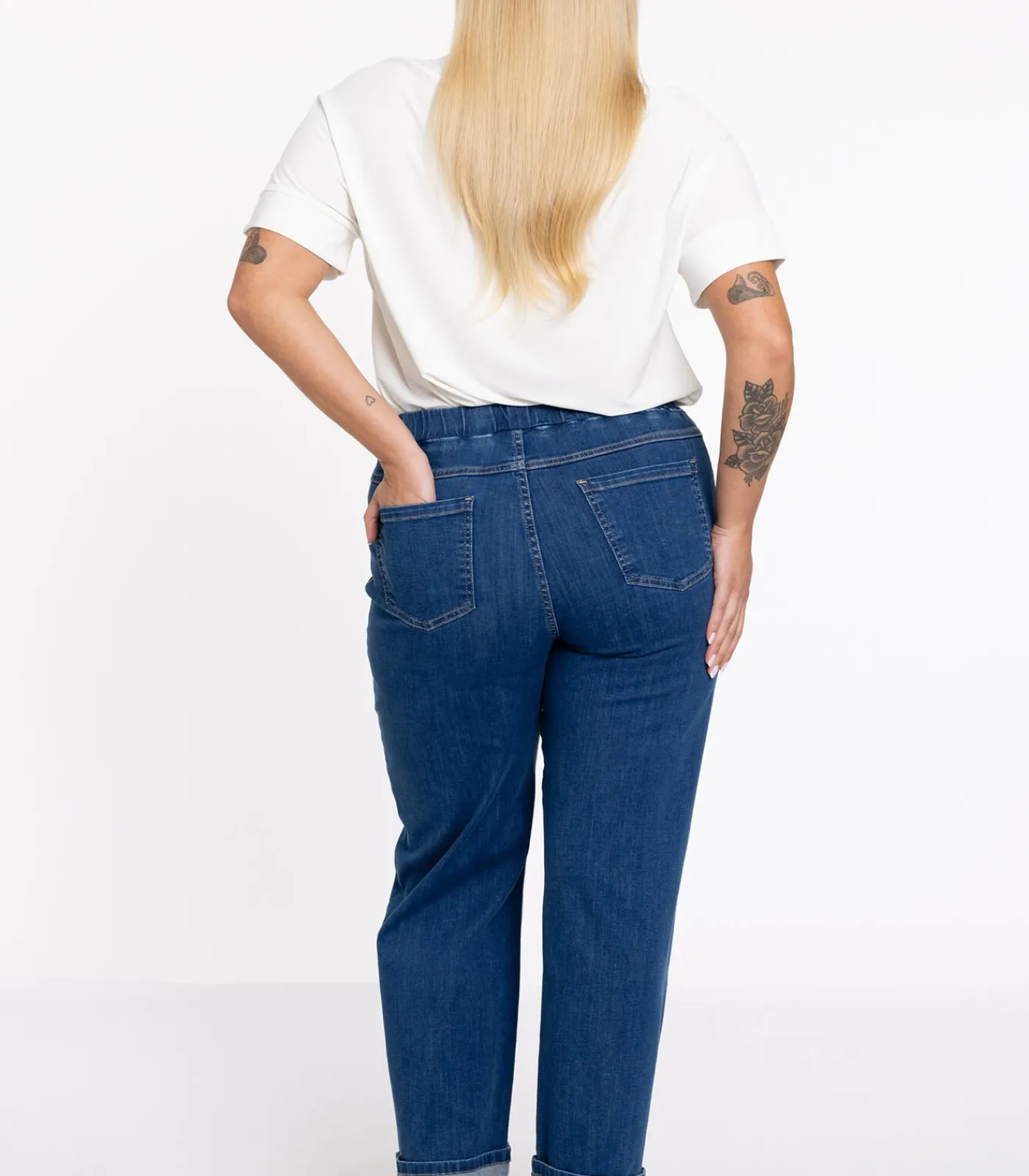 YOEK Dames Jeans met een elastieken tailleband Indigo Best