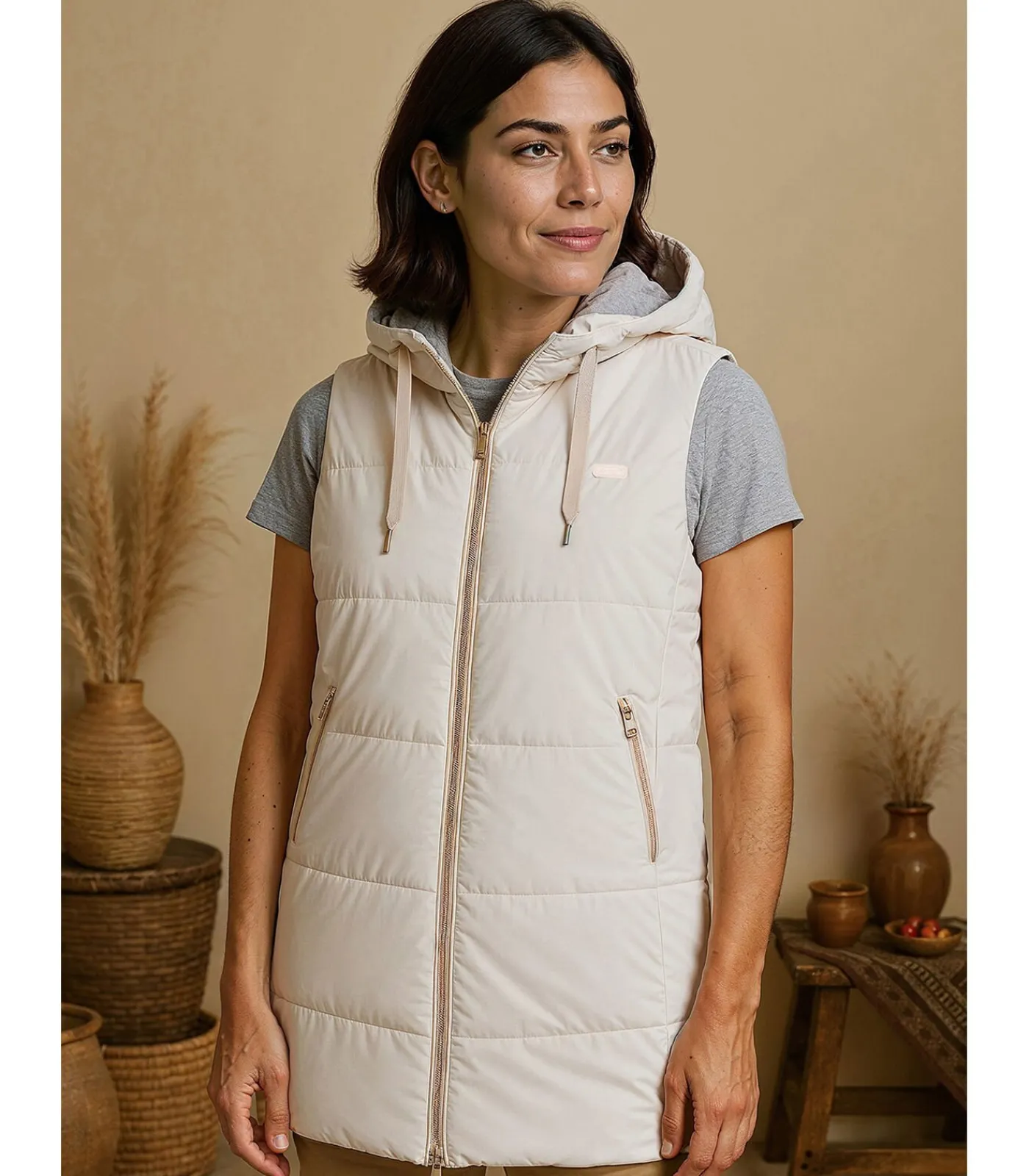 J&JOY Dames lange mouwloze jas met capuchon beige Best