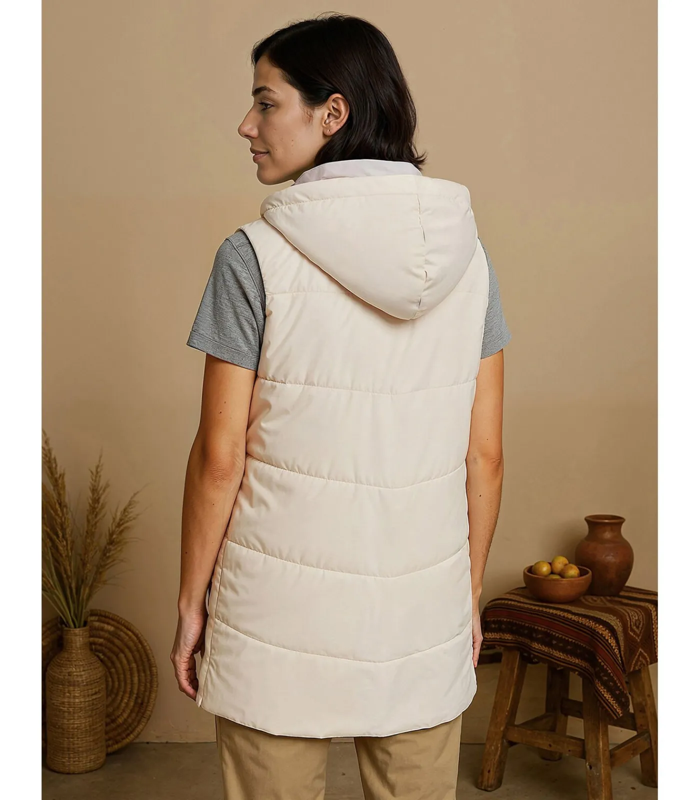 J&JOY Dames lange mouwloze jas met capuchon beige Best