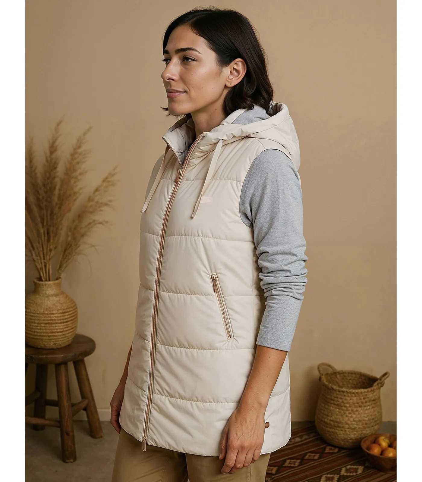 J&JOY Dames lange mouwloze jas met capuchon beige Best