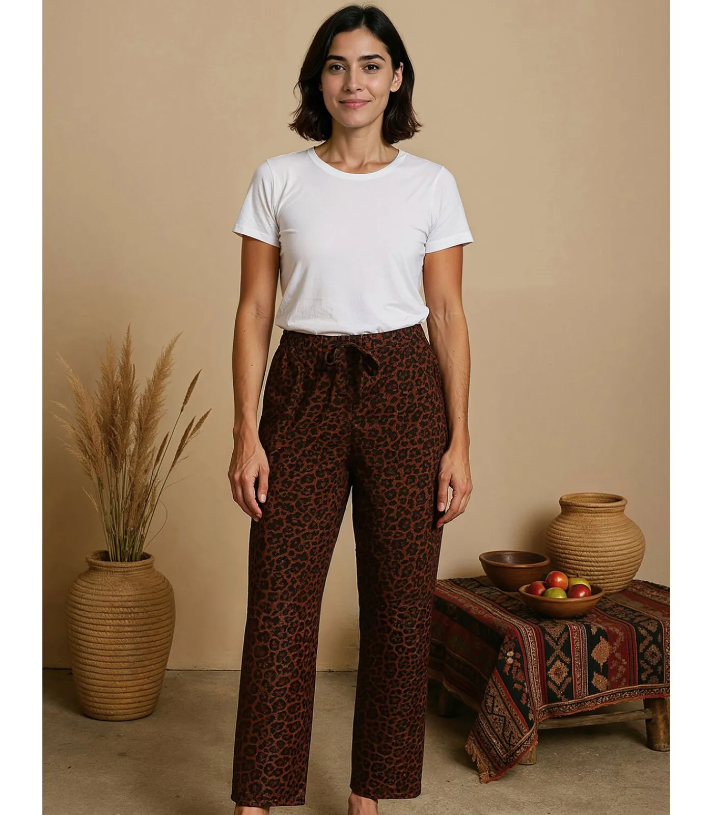 J&JOY Damesbroek met luipaardprint en strikceintuur multicolor Outlet