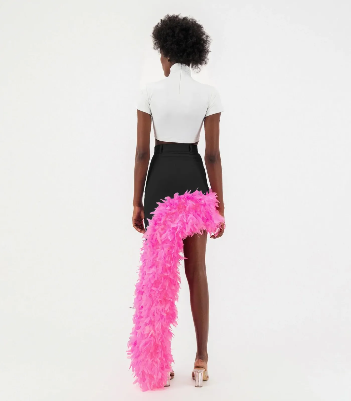 ÚCHÈ Denim asymmetrische rok met roze verenversiering pink Discount