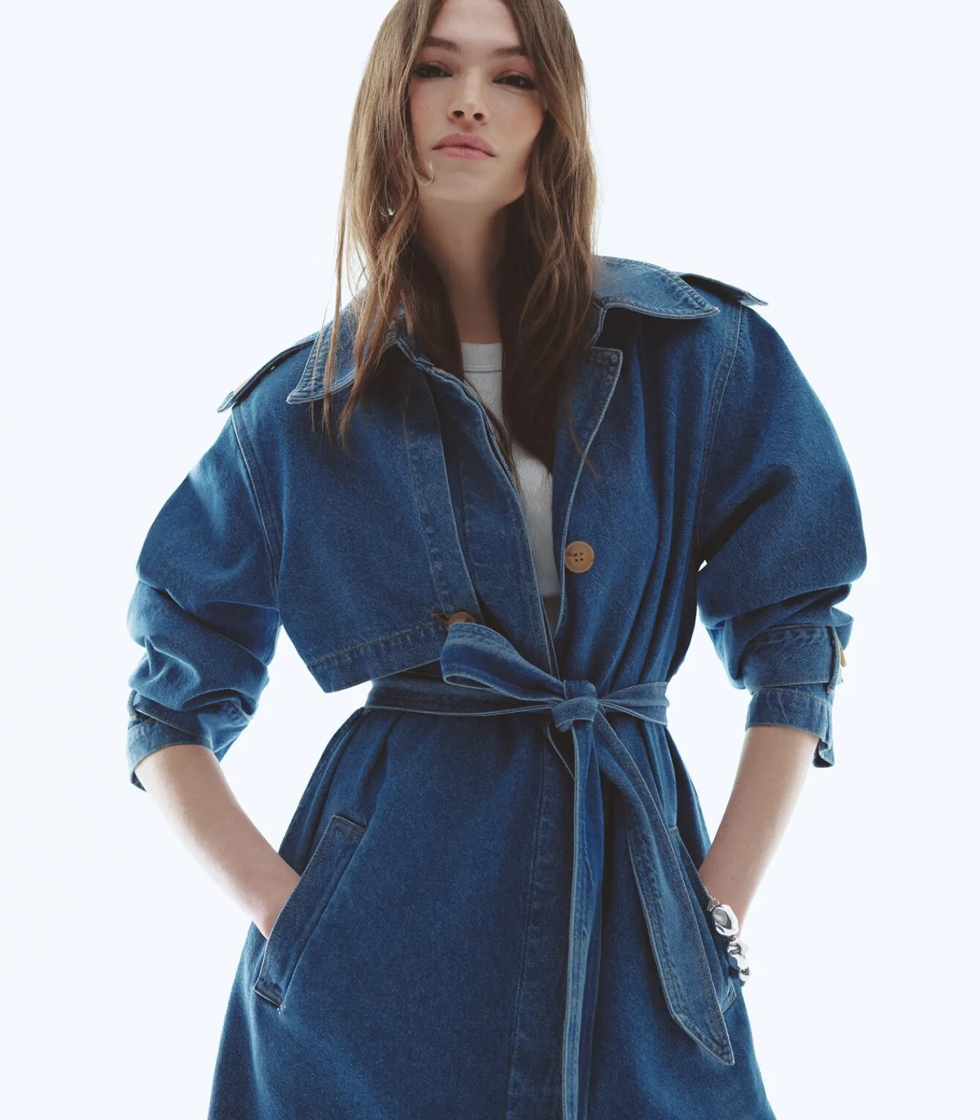 Koton Denim Trenchcoat Lange Mouwen Ceintuur Indigo New