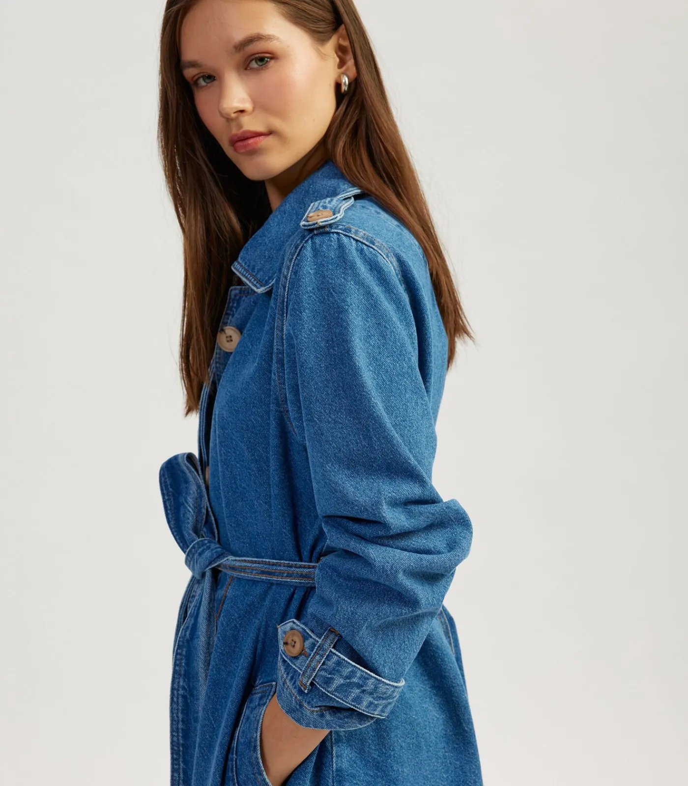 Koton Denim Trenchcoat Lange Mouwen Ceintuur Indigo New