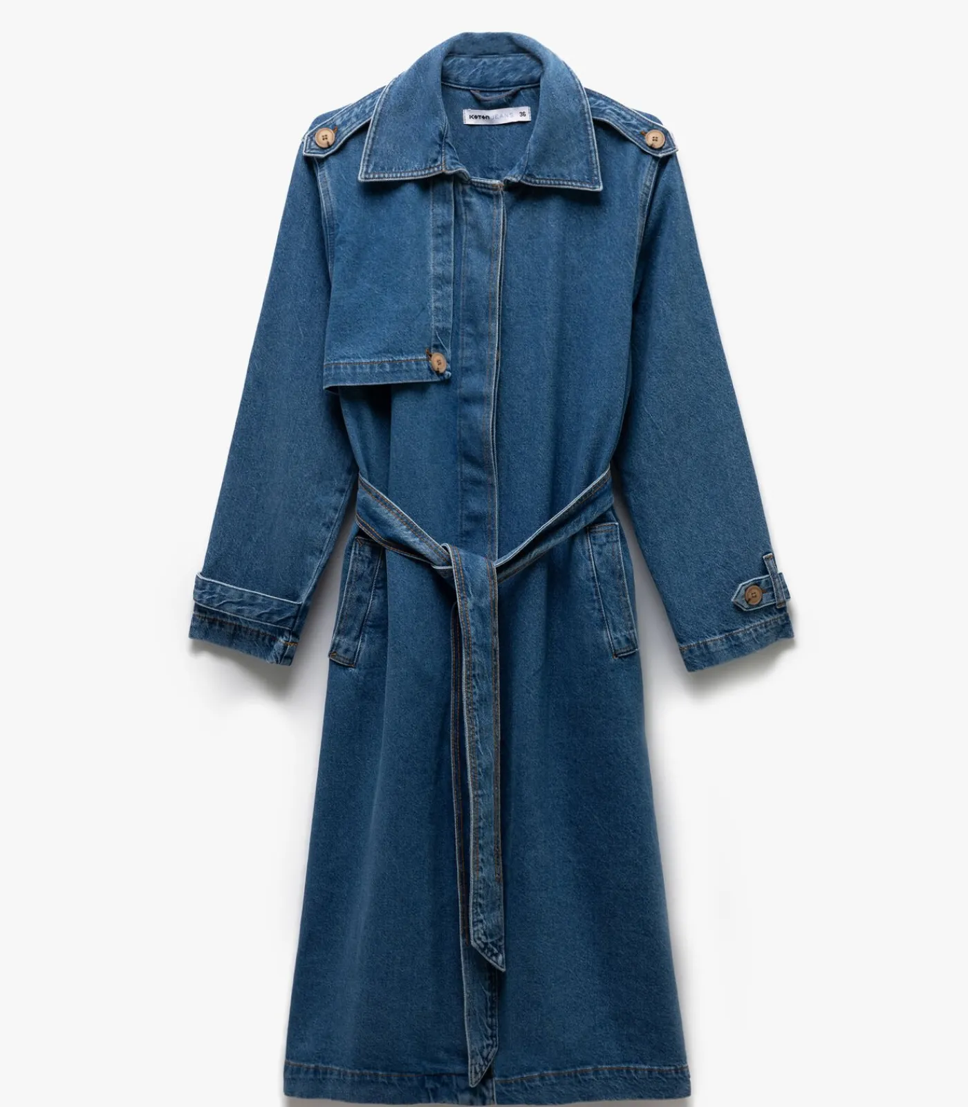 Koton Denim Trenchcoat Lange Mouwen Ceintuur Indigo New