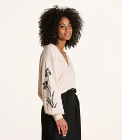 La Fée Maraboutée Ecru fijngebreid gilet met zwart borduursel detail offWhite Online