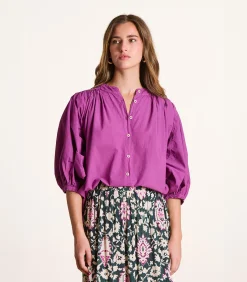 La Fée Maraboutée Effen roze blouse van katoen met 3/4 mouwen fuchsia Best