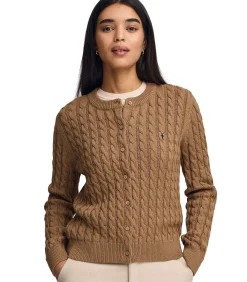 Polo Club Gemêleerd camelkleurige kabelgebreide cardigan met geborduurd Rigby Go-logo darkBrown Hot