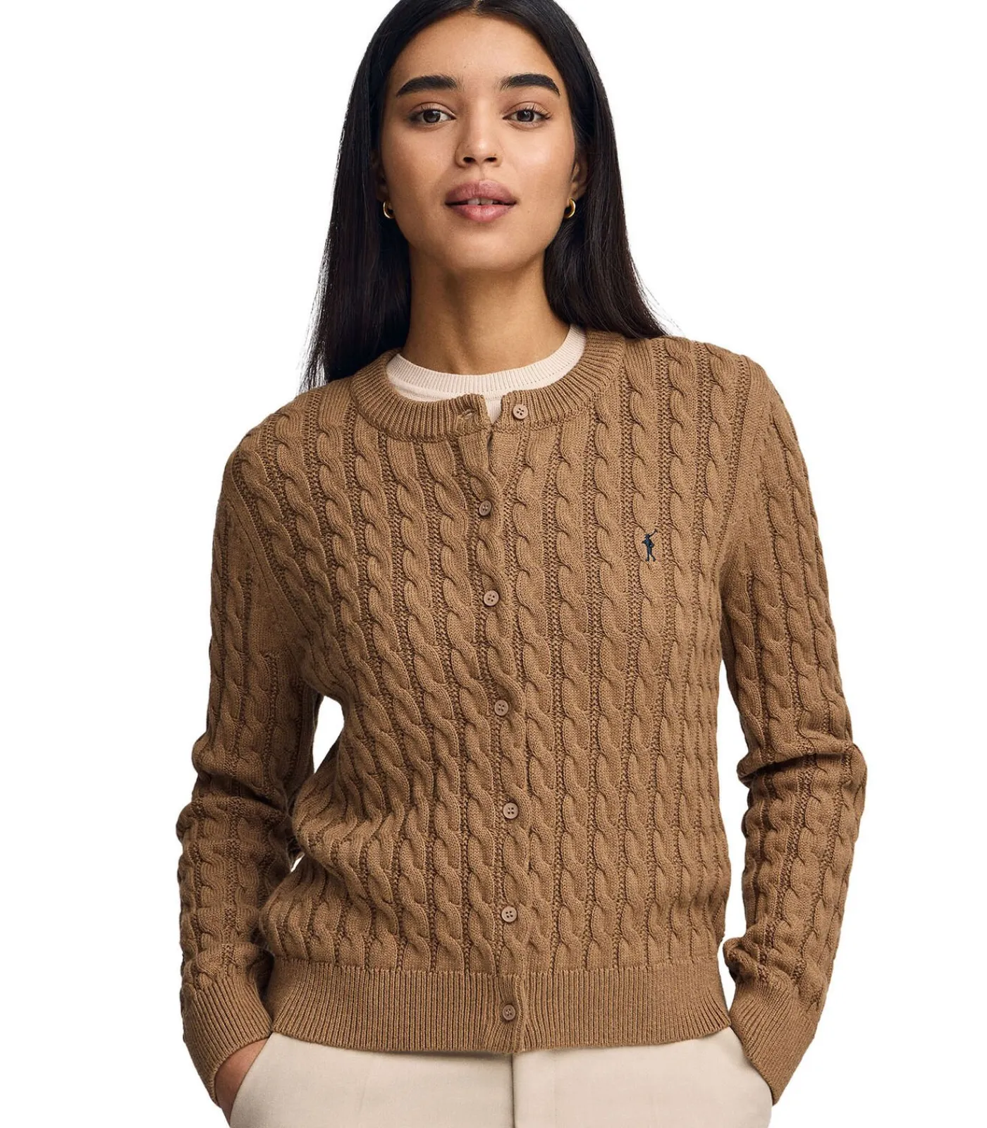 Polo Club Gemêleerd camelkleurige kabelgebreide cardigan met geborduurd Rigby Go-logo darkBrown Hot