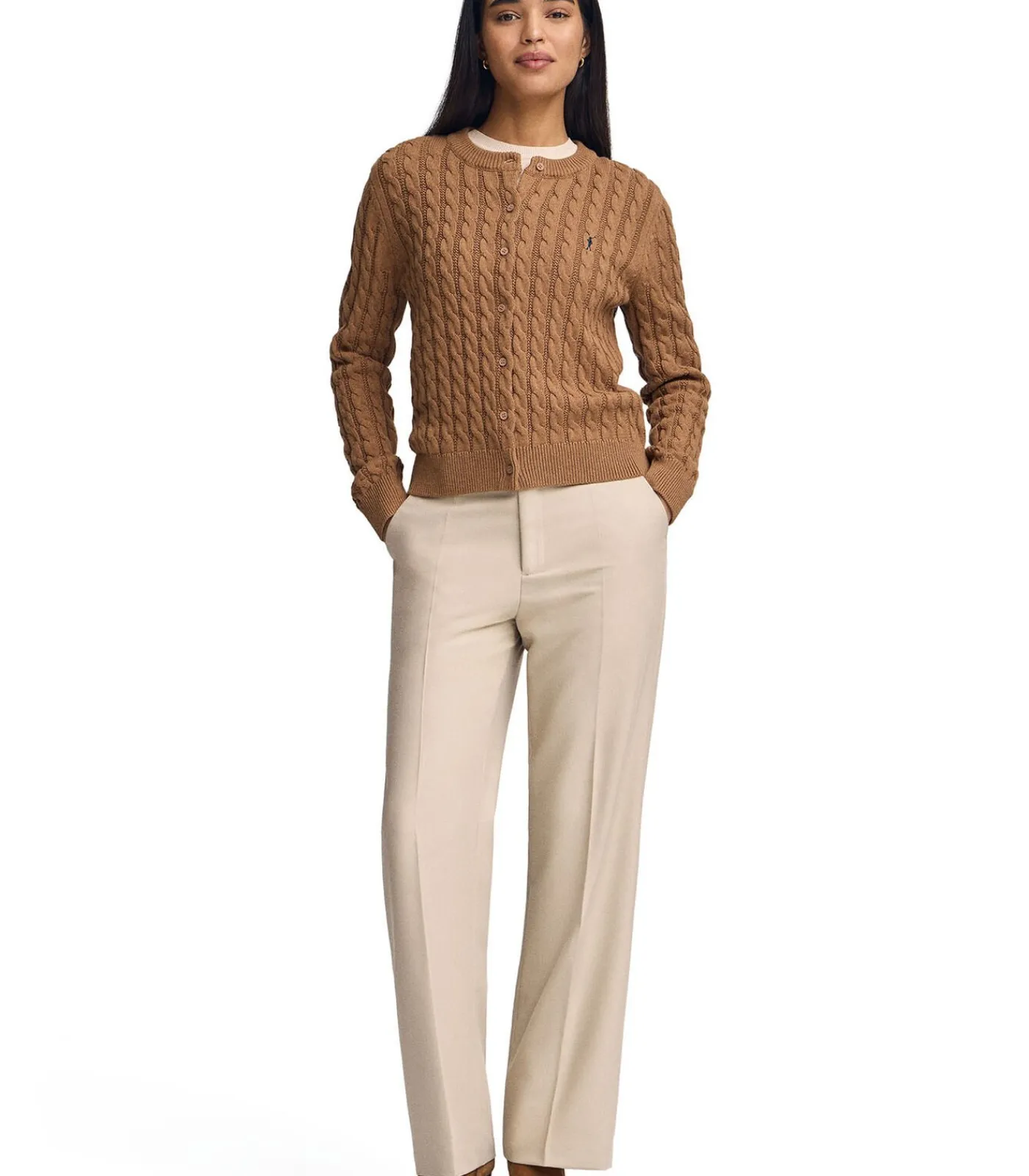Polo Club Gemêleerd camelkleurige kabelgebreide cardigan met geborduurd Rigby Go-logo darkBrown Hot