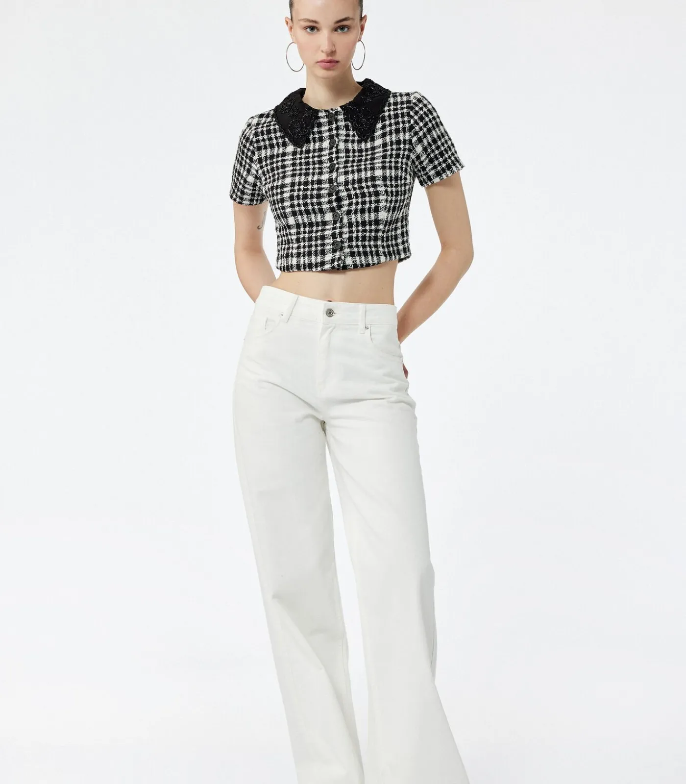 Koton Geruit Crop Blouse Korte Mouwen met Bebe Kraag black Hot
