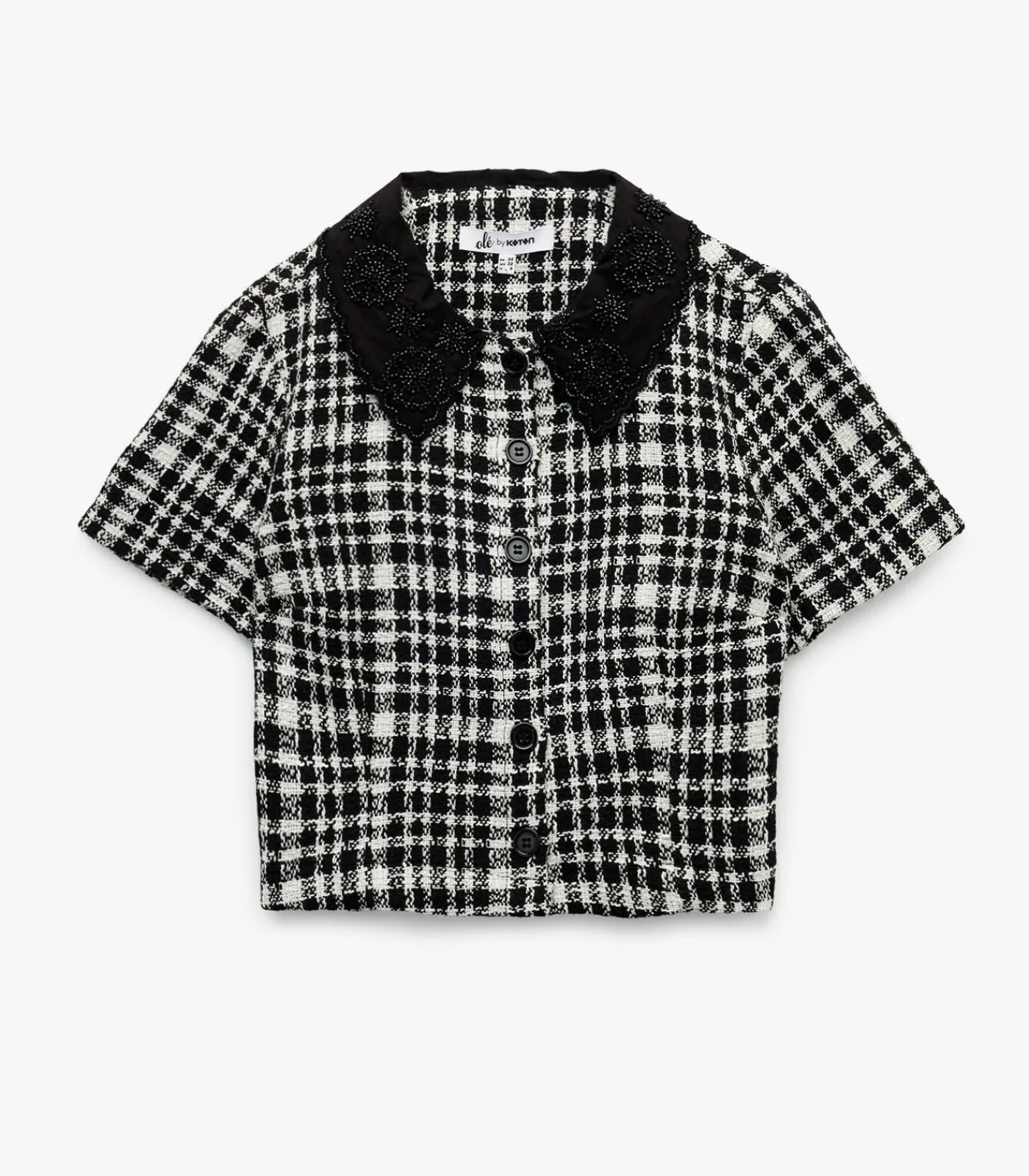 Koton Geruit Crop Blouse Korte Mouwen met Bebe Kraag black Hot