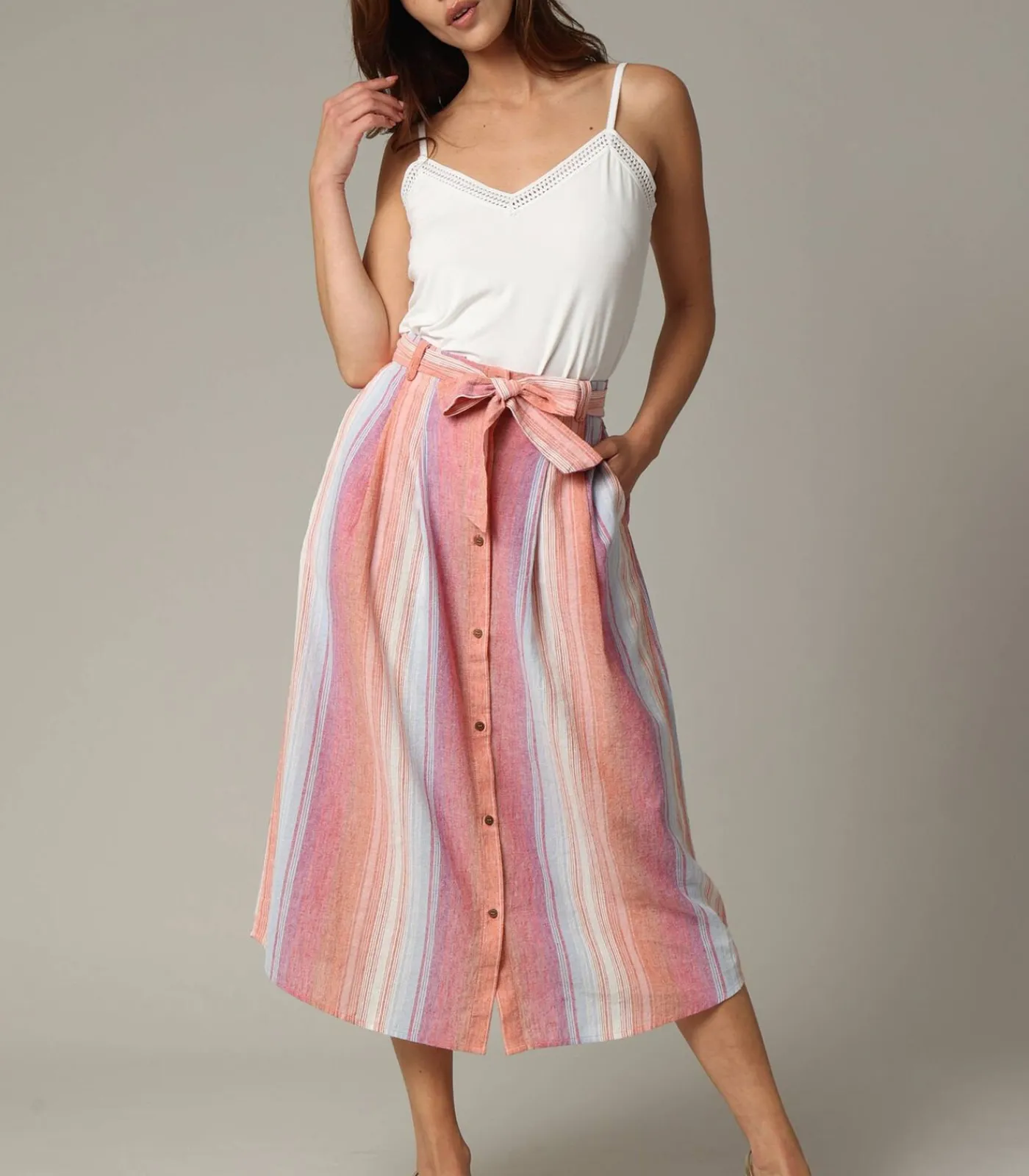 Deeluxe GISELLE - Linnen midirok met strepen en knopen multicolor Outlet