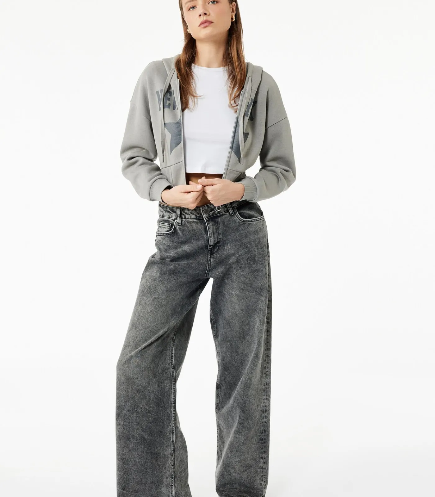 Koton Grijs Crop Sweatshirt Kap Hoody Lang gray Outlet