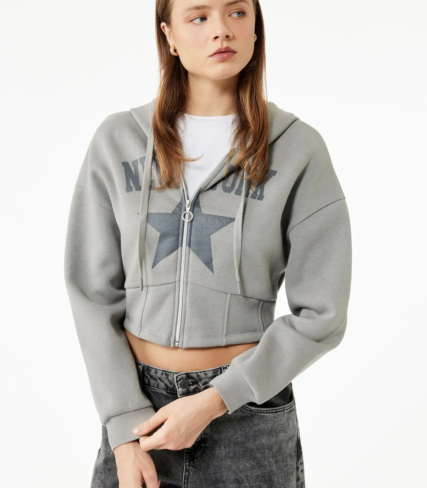Koton Grijs Crop Sweatshirt Kap Hoody Lang gray Outlet
