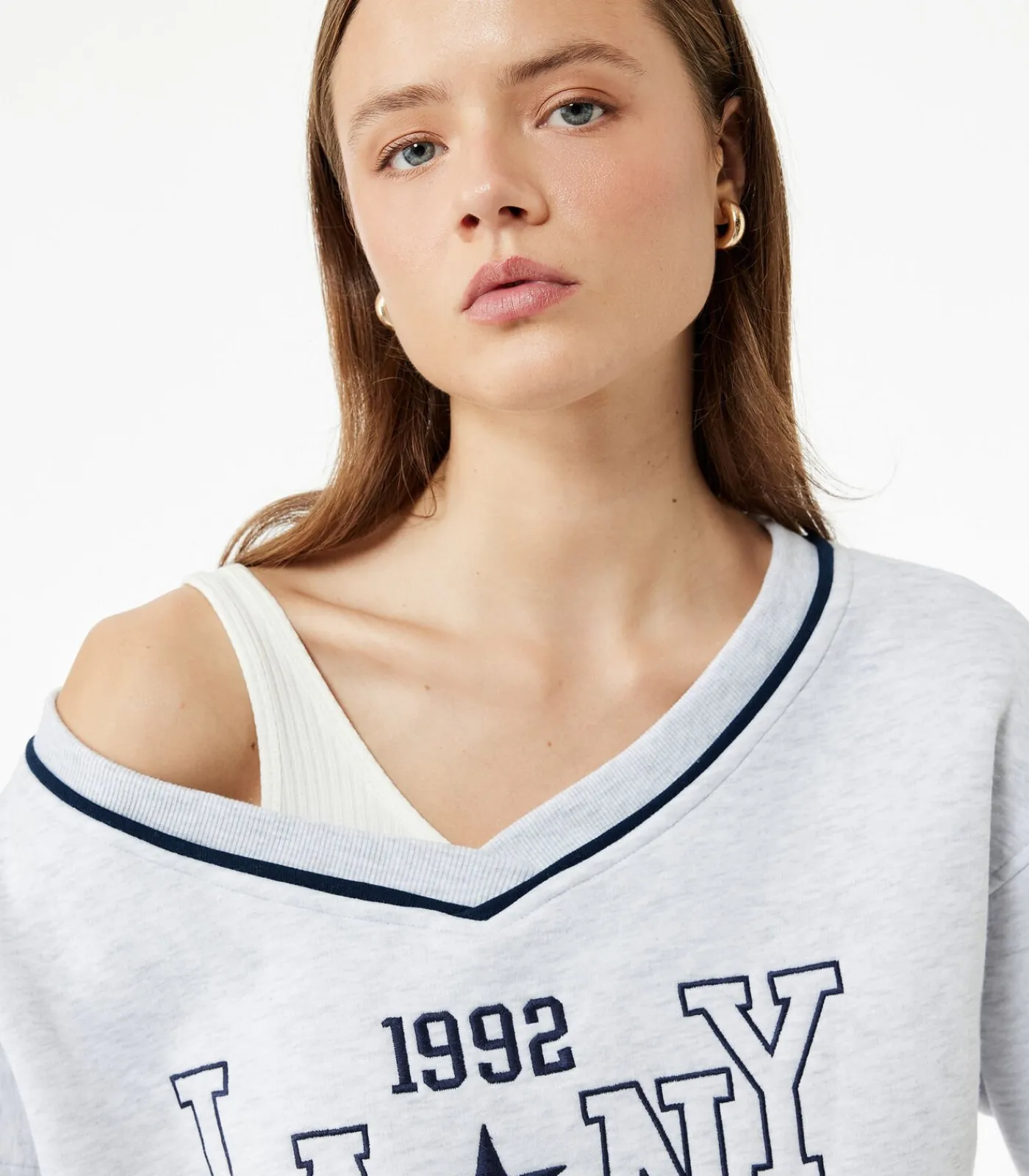Koton Grijze Oversized Sweatshirt V-hals Lange Mouwen lightGrey Best