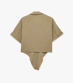 Koton Groene Korte Mouwen Blouse met Binddetail khaki Clearance