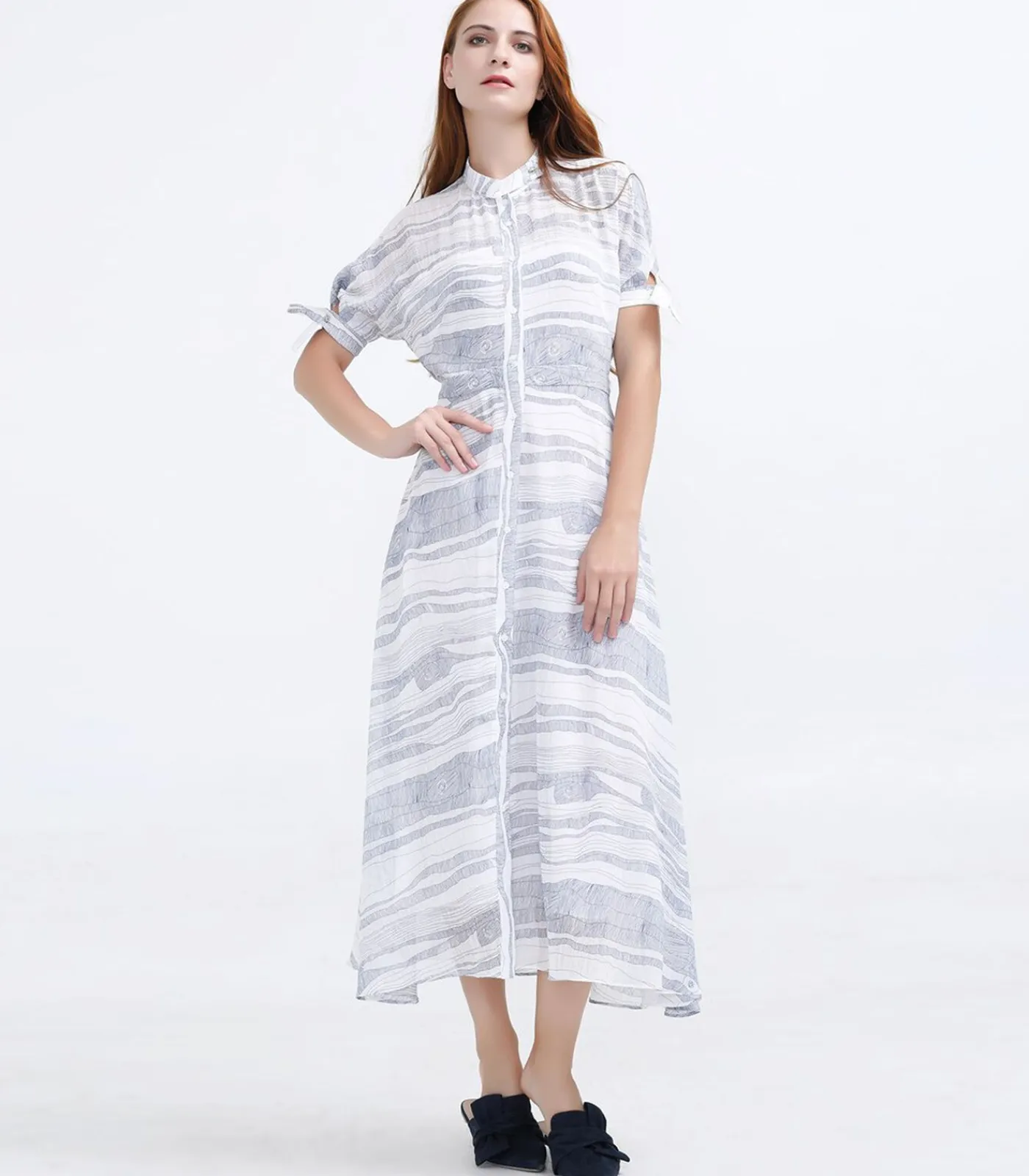 Smart & Joy Halflange hemdjurk in lineair bedrukt chiffon white New