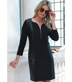 BLEU D'AZUR HELENA Chique winterjurk van twee materialen in zwart black Best