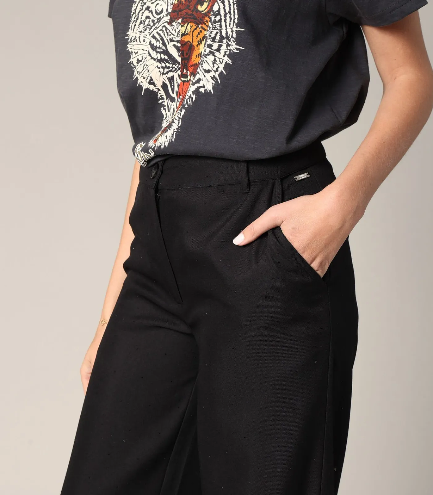 Deeluxe IKIELLE - Wijde broek met hoge taille en plooien, chique kleermakersstijl black Sale