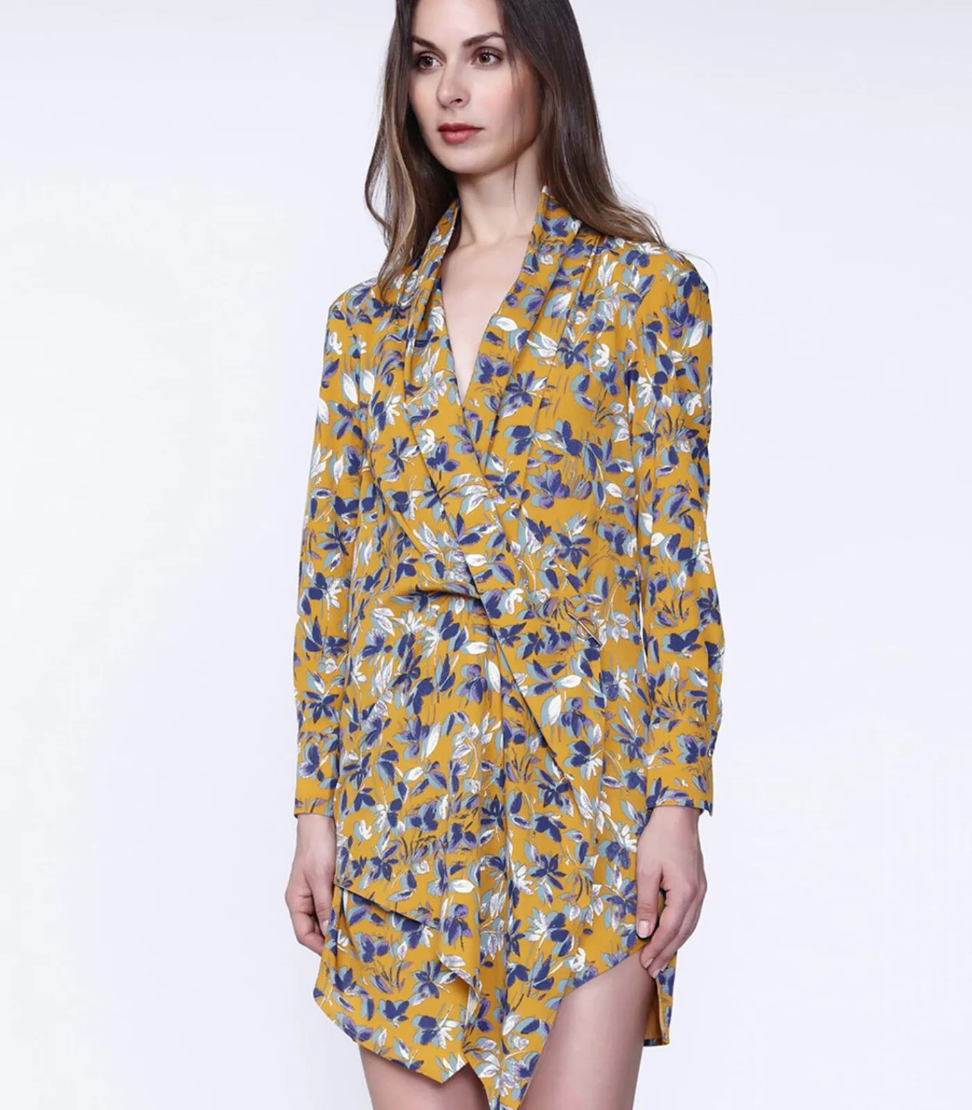 Smart & Joy Korte jurk met gedrapeerde voorkant en bladprint ochreYellow Clearance