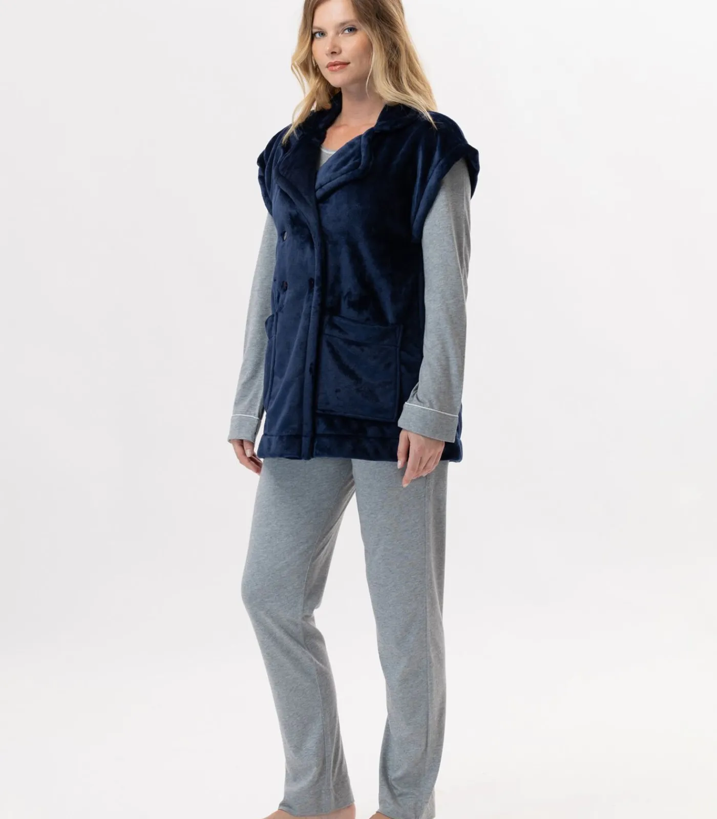 LE CHAT Korte mouwen jasje met knopen van pluche flanel ESSENTIEL H76A blue Best