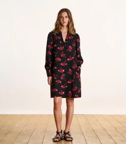La Fée Maraboutée Korte rechte jurk met zwarte en rode bloemen en lange mouwen black Sale