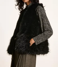 La Fée Maraboutée Korte zwarte mouwloze jas van nepbont met patchwork-effect black Sale