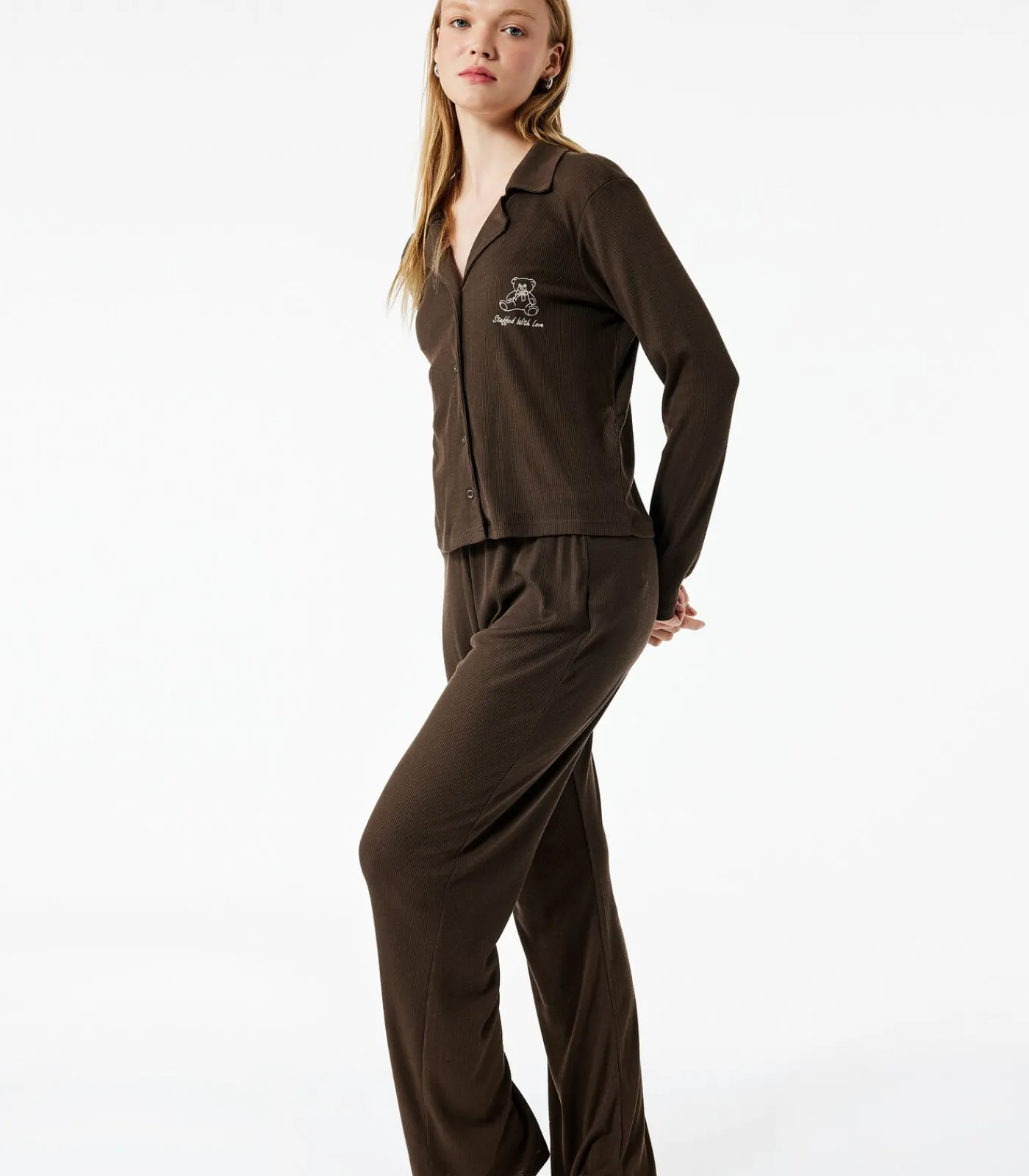 Koton Shirt Collar Pajama Set brown Best