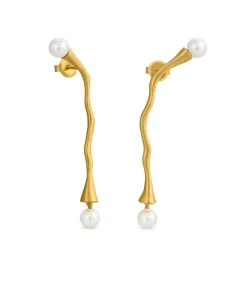 Joidart Lange gouden oorbellen Eclat met witte parel gold New