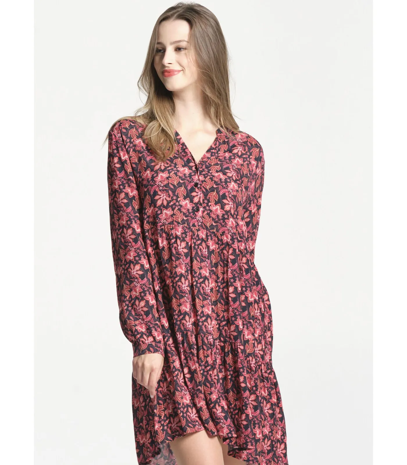 J&JOY Lange mouw uitlopende jurk red New