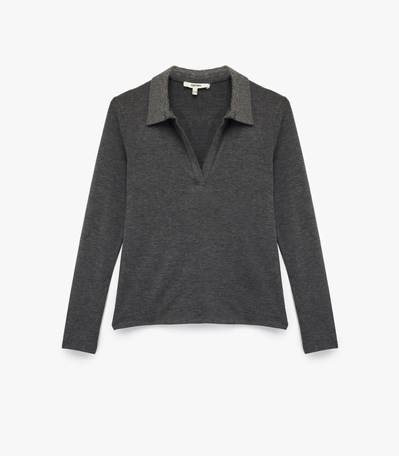 Koton Lange mouwen polo zwarte dames top met steendetails darkGrey Discount