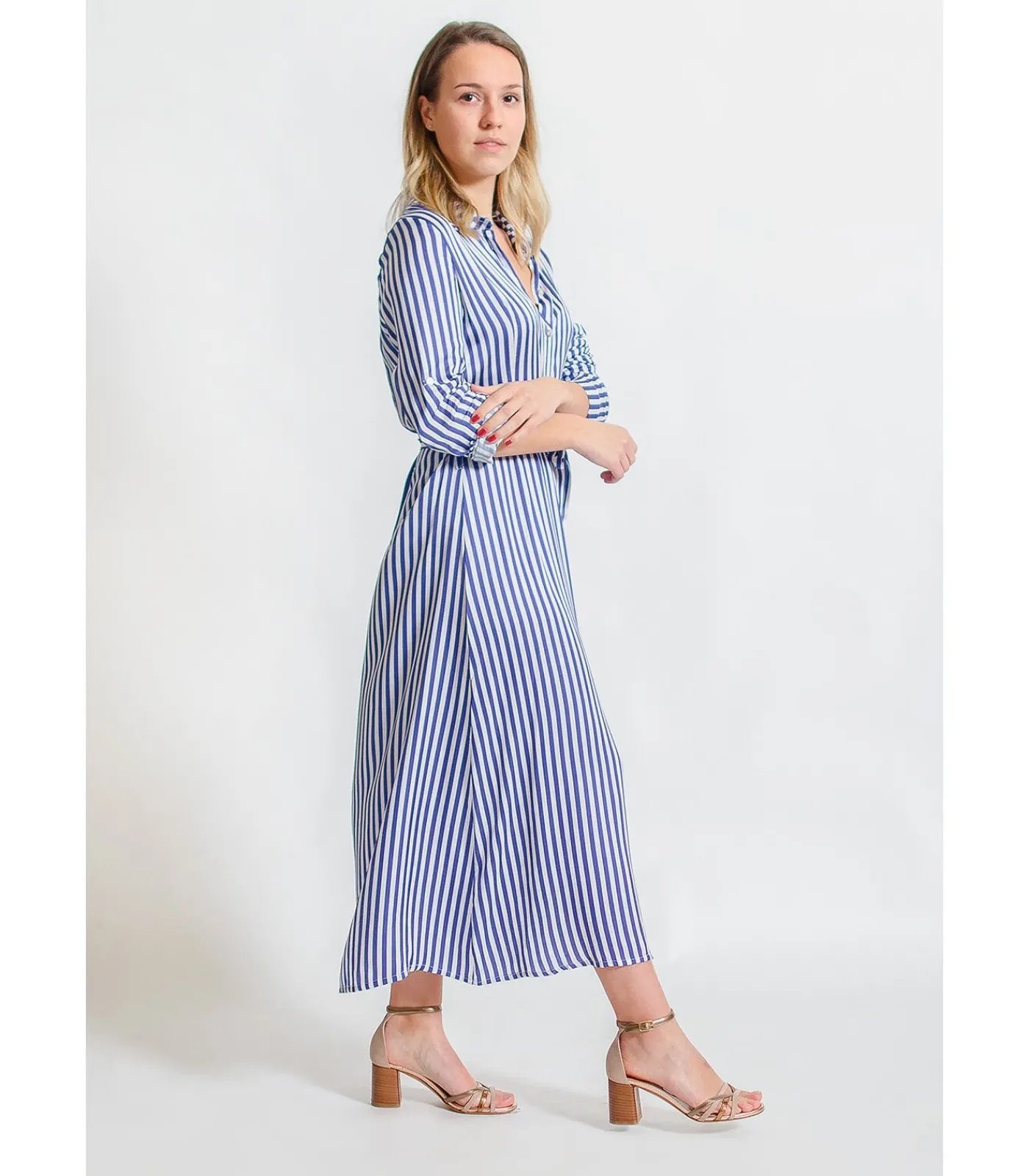 J&JOY Lange wijd uitlopende jurk met strepen blue Sale