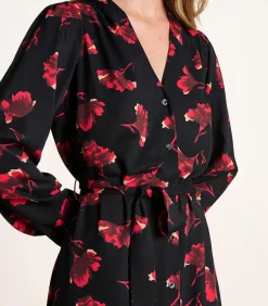 La Fée Maraboutée Lange zwarte en rode bloemenjurk met lange mouwen black Sale