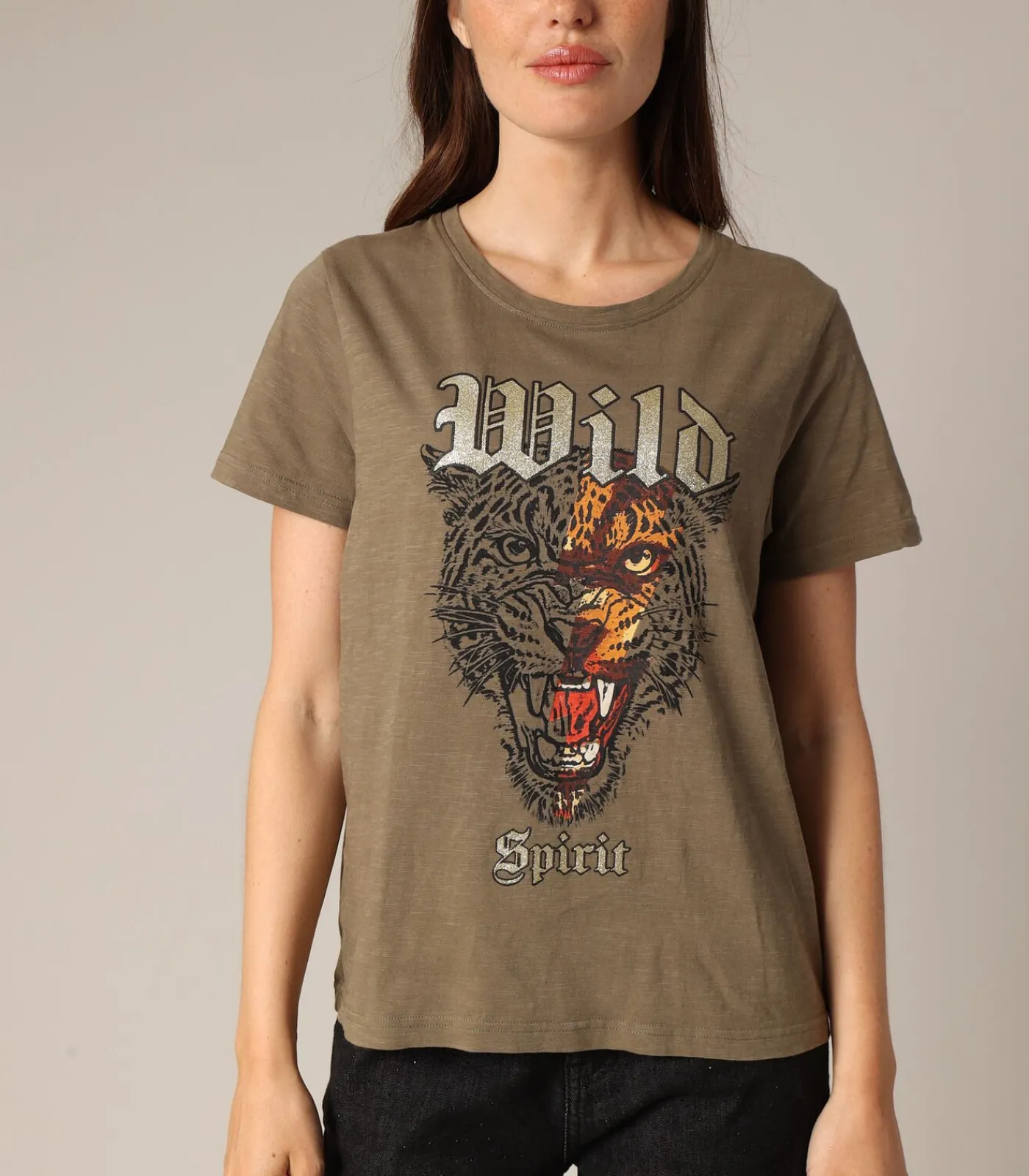 Deeluxe LEONA - Rock-T-shirt van 100% katoen met tijgerprint en metallic typografie lightGreen New
