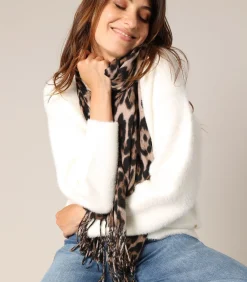 Deeluxe LESLIE - Zachte luipaardprint sjaal met franjes taupe Outlet